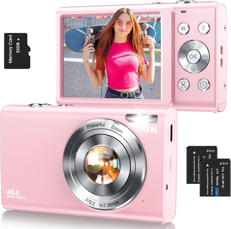 Lecnippy Digital Camera,Autofocus 4K Vlogging Camera for Photography with 32GB Card,48MP Portable Compact Point and Shoot Digital Camera for Teens Adult Beginner with 16X Zoom,Anti-Shake,2 Batteries(Pink) - Image 1